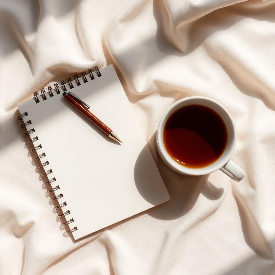 Caderno e xícara sobre tecido natural